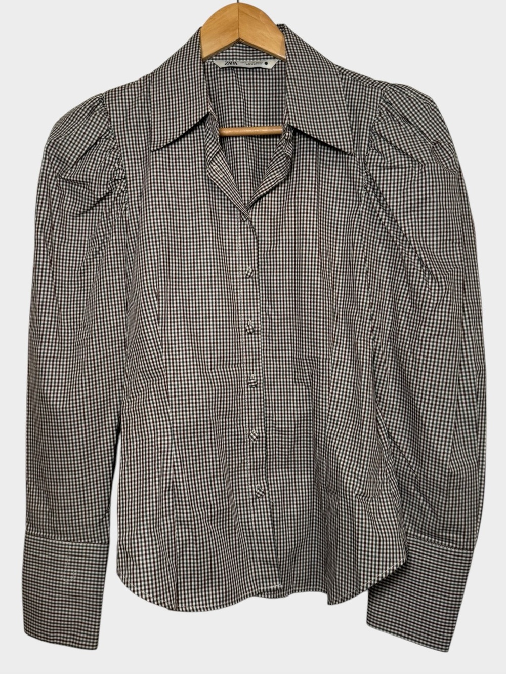 ZARA Gingham Puff Sleeve Button Down Blouse XS Brown Black White